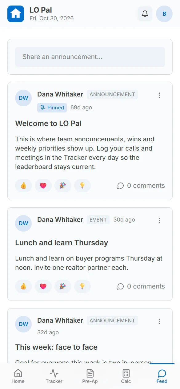 Team feed with wins and updates