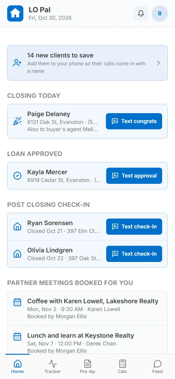LO Pal home screen with today's to-dos, milestone texts and alerts